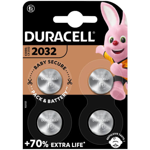 Four Duracell Lithium 2032 batteries in packaging, suitable for various electronic devices.