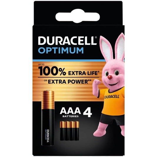 Duracell Optimum AAA Batteries in a 4-Pack, ideal for powering various devices.