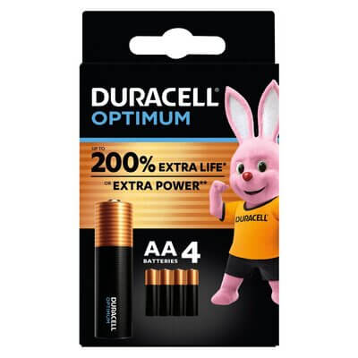 Duracell Optimum AA Batteries in a 4-Pack, suitable for various electronic devices.