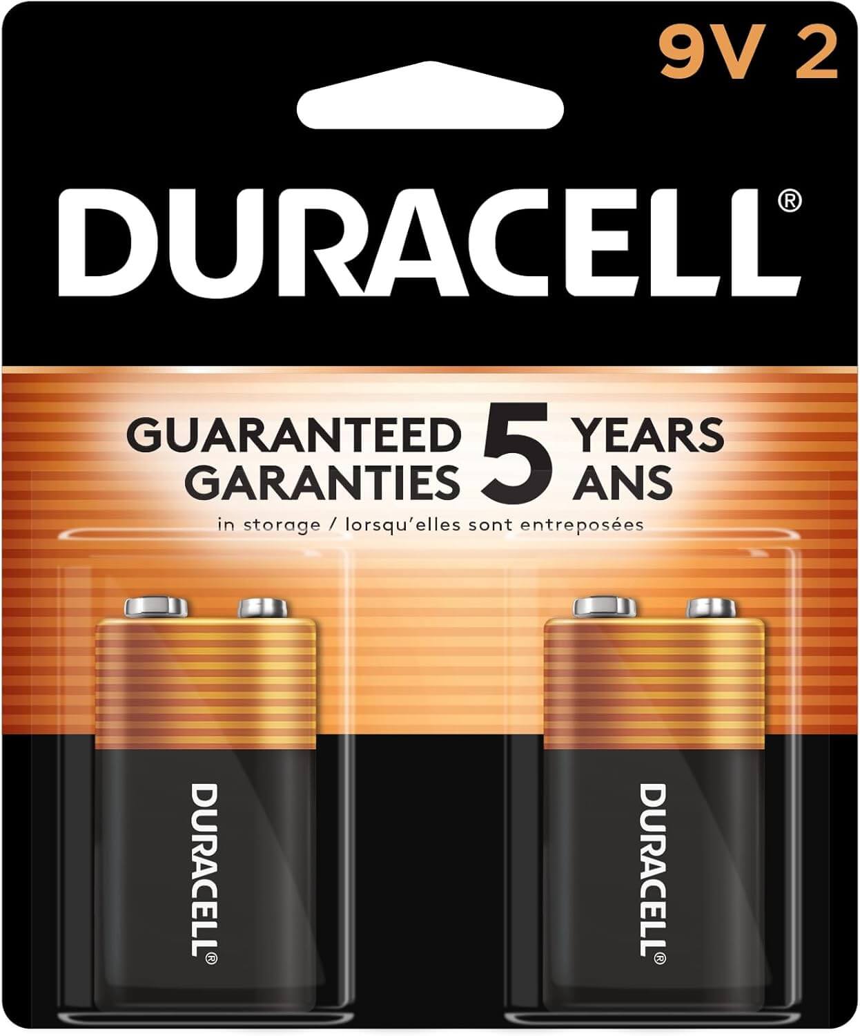 Two Duracell Plus Power 9V batteries in packaging, ideal for powering various devices.