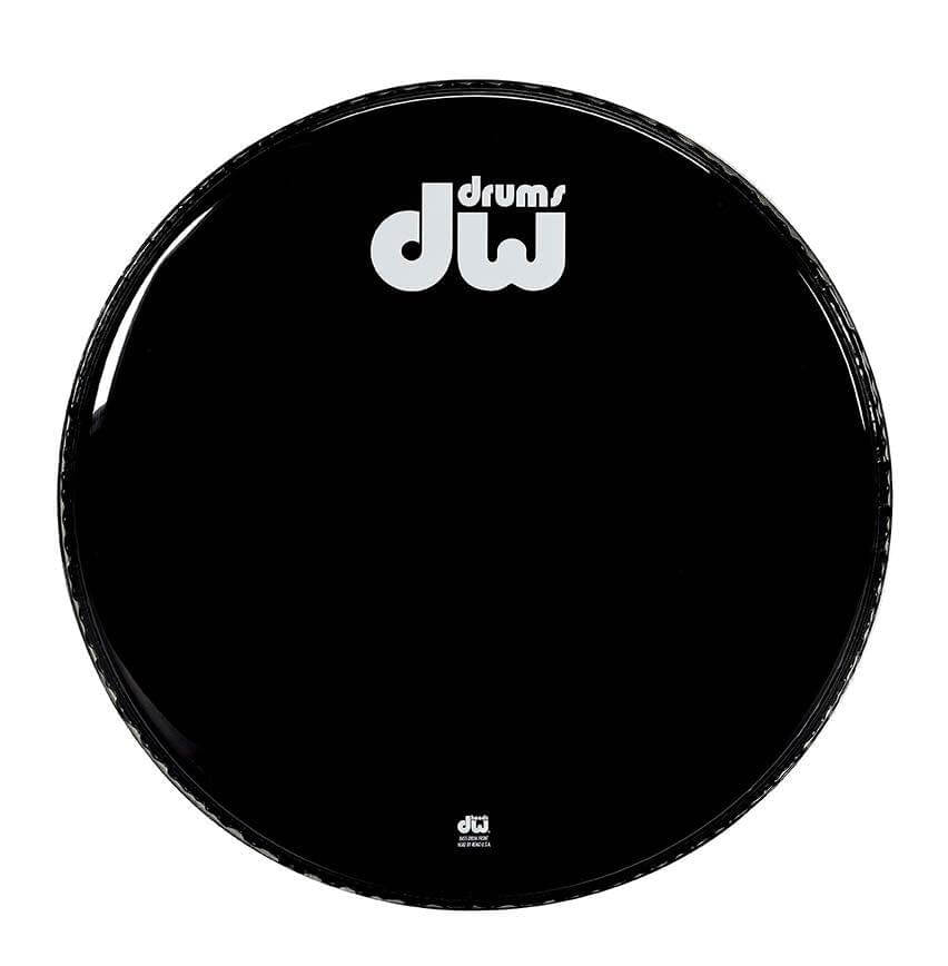 DW 24 inch gloss black bass drum head displayed on a white background.