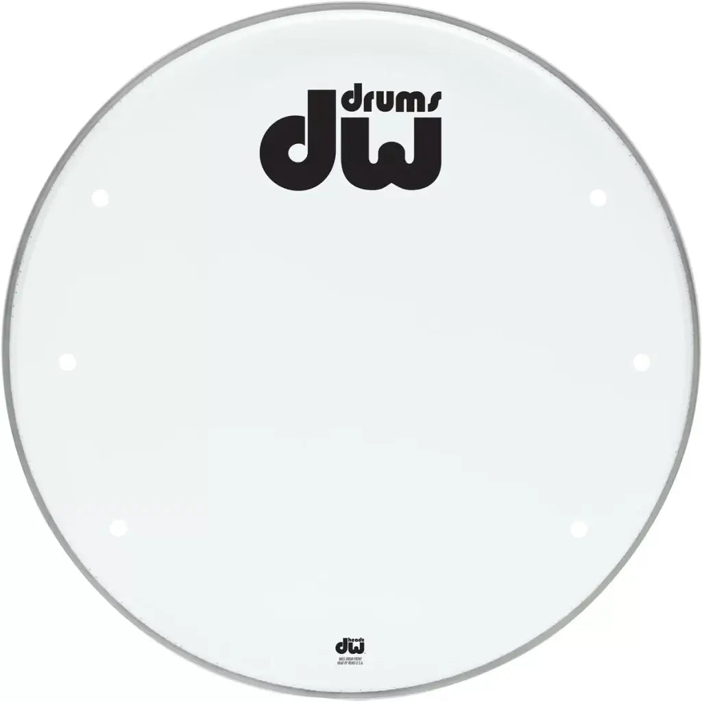 DW 24 inch coated smooth white bass drum head with port, displayed on a white background.