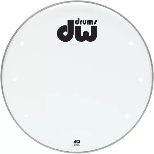 DW 24 inch coated smooth white bass drum head with port, displayed on a white background.
