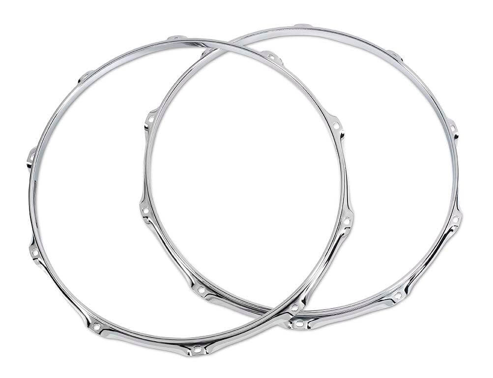 DW 14-inch wood snare drum hoops in chrome finish, showcasing the 10-lug design.