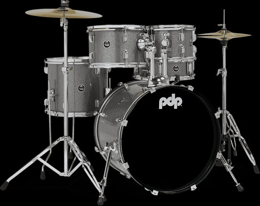 PDP Centerstage 5-Piece Kit with Hardware, Cymbals & Throne in Silver color displayed in the image.