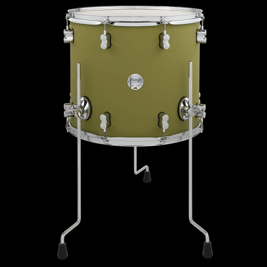 PDP Concept 5-Piece Maple Shell Pack in Satin Olive finish with Chrome Hardware displayed on a white background.