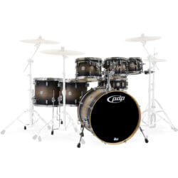 PDP Concept Maple 7-Piece Shell Pack in Satin Charcoal Burst with included hardware.