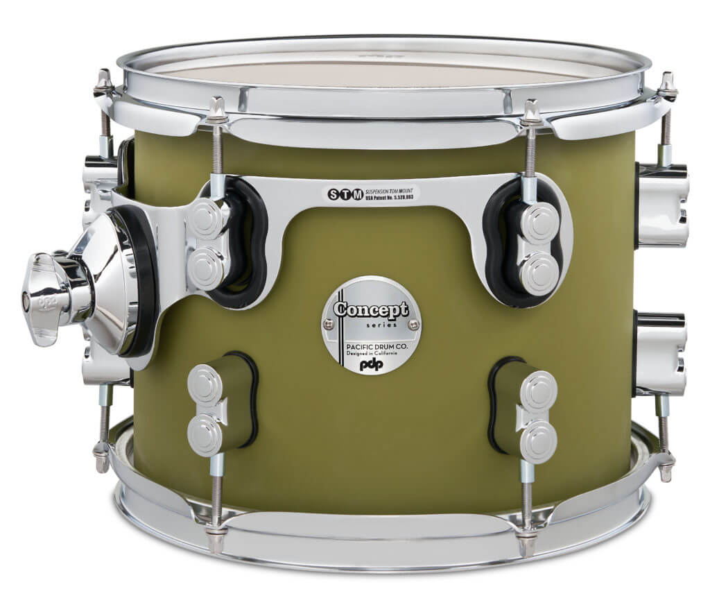 PDP Concept Maple 7-Piece Shell Pack in Satin Olive finish with Chrome Hardware displayed against a neutral background.