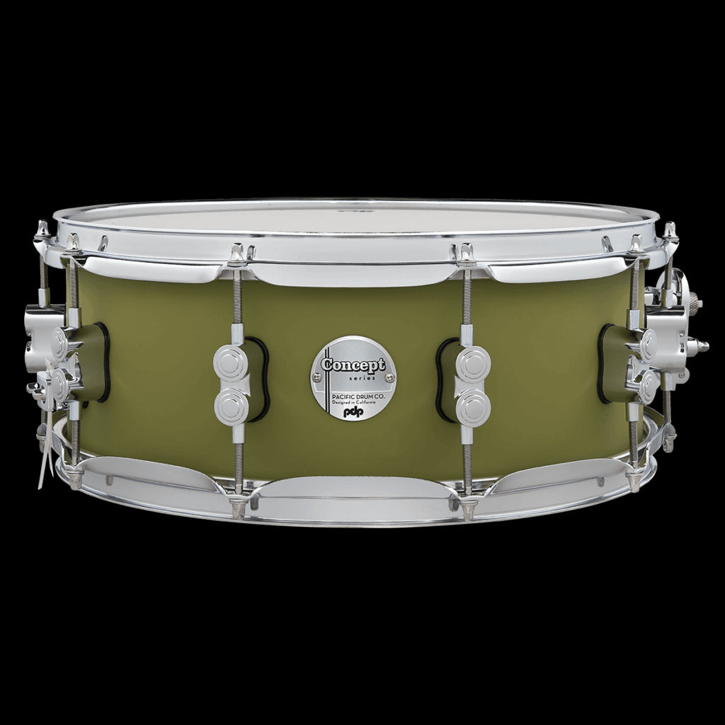 PDP Concept Maple 7-Piece Shell Pack in Satin Olive with Chrome Hardware, showcasing the complete drum set.