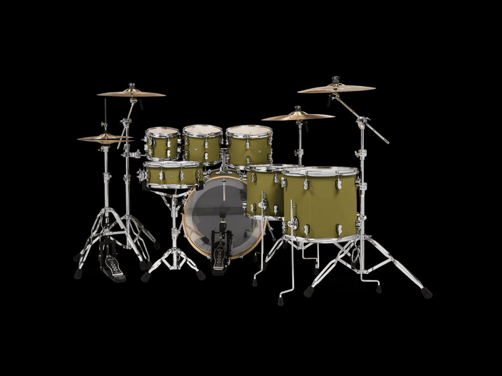 PDP Concept Maple 7-Piece Shell Pack in Satin Olive finish with Chrome Hardware displayed from a player's perspective.