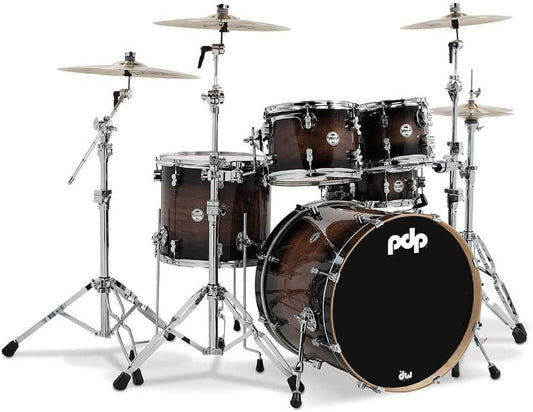 PDP Concept Exotic 5-Piece Shell Pack in Walnut and Charcoal Burst finish, showcasing the drum set's elegant design.