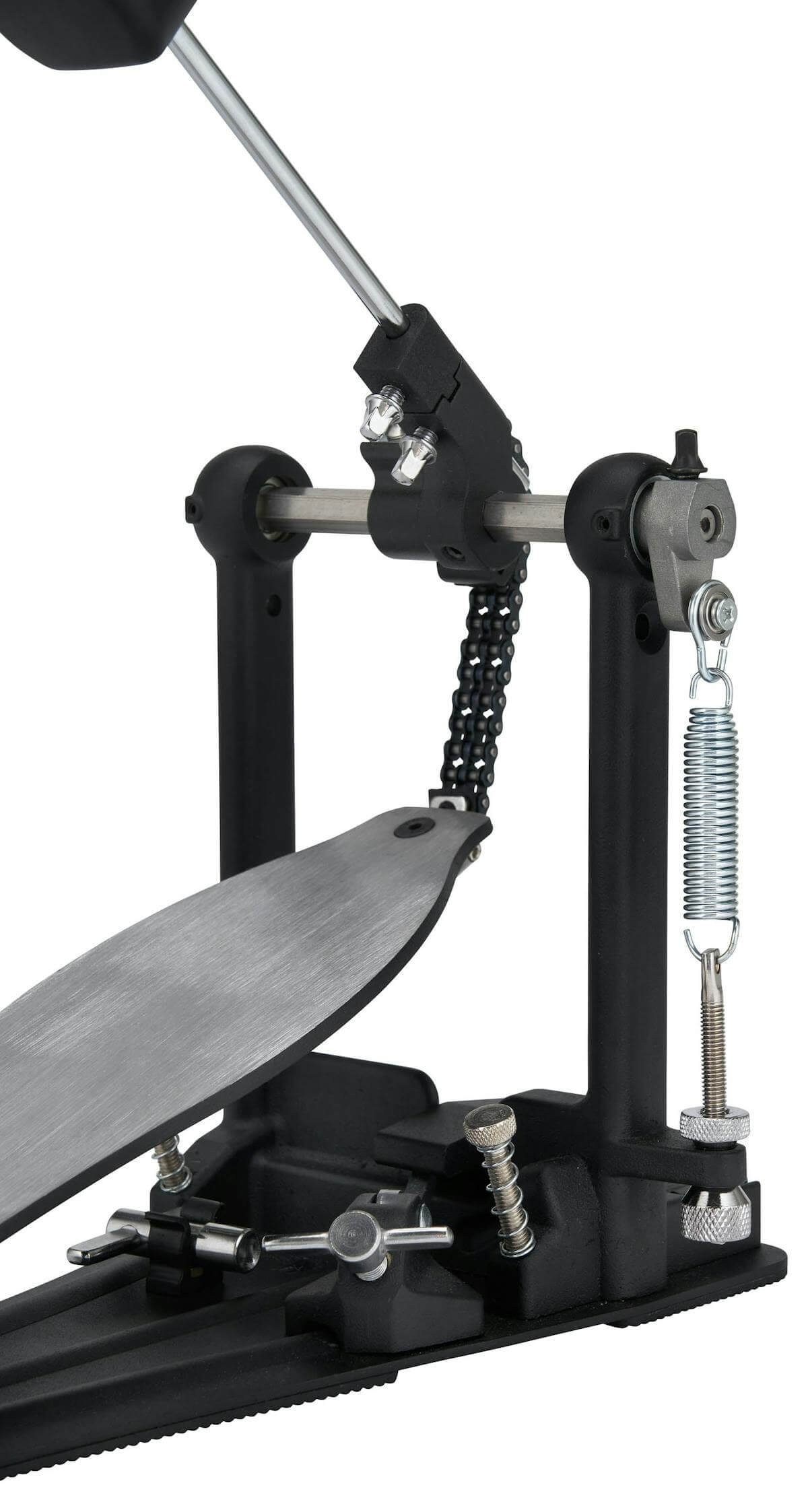 PDP 800 Series Single Bass Drum Pedal displayed from an angle, showcasing its design and features.