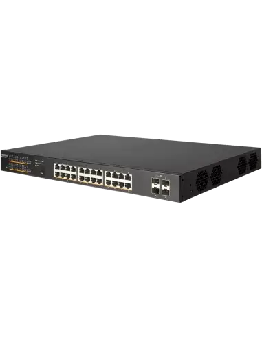 Edge-Core 28-Port Gb Websmart PoE Switch with multiple Ethernet ports and a sleek design.