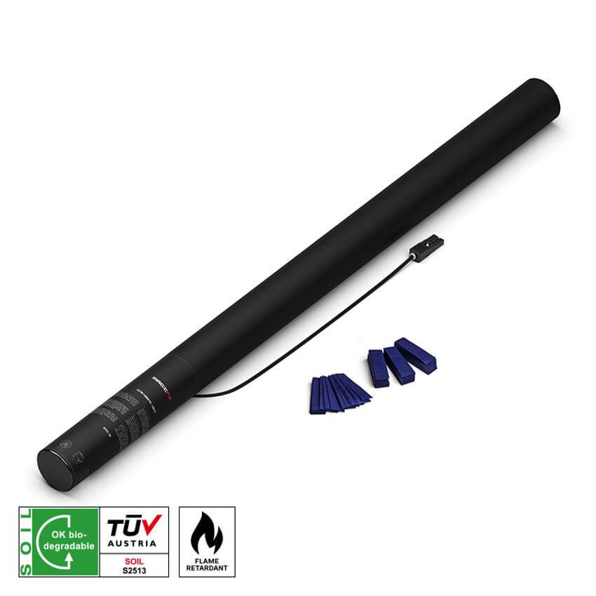 MAGICFX Electric Cannon Pro in dark blue, designed to shoot biodegradable confetti, measuring 80 cm, flame retardant.
