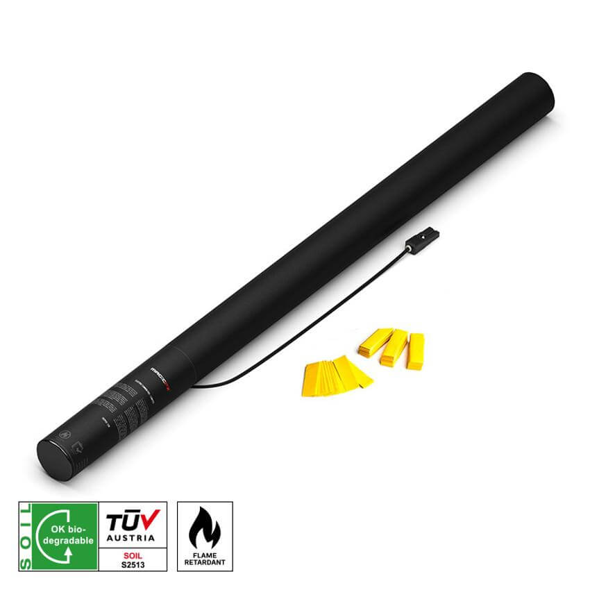 MAGICFX Electric Confetti Cannon PRO in yellow, 80cm long, designed to be flame retardant and biodegradable, ideal for celebrations.
