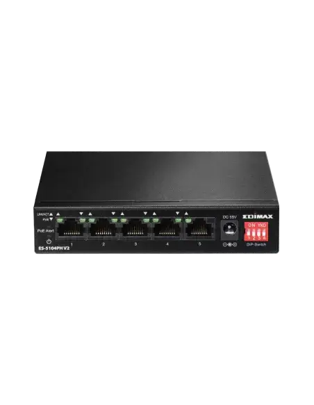 Edimax 5-Port PoE Switch featuring 4 PoE+ ports, ideal for powering devices over Ethernet.