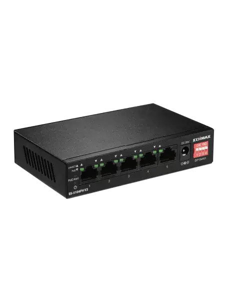 Edimax 5-Port PoE Switch featuring 4 PoE+ ports, designed for efficient network connectivity.