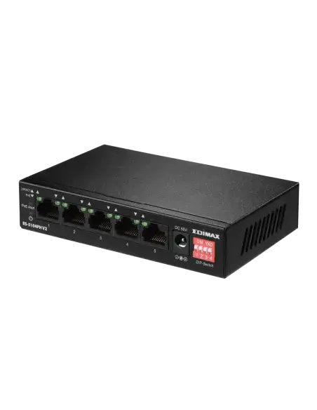 Edimax 5-Port PoE Switch featuring 4 PoE+ ports, designed for efficient network connectivity.