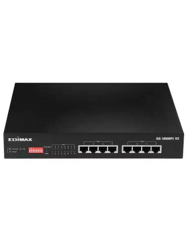 Edimax 8-Port Gigabit PoE+ Switch with DIP Switch, featuring multiple ports for network connectivity.