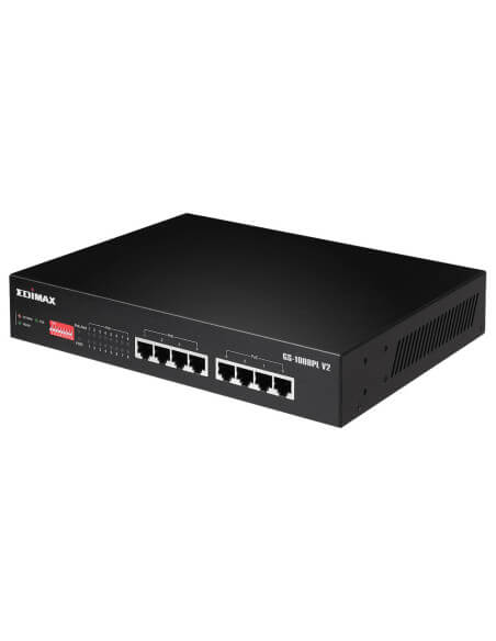 Edimax 8-Port Gigabit PoE+ Switch with DIP Switch, featuring multiple ports for network connectivity.