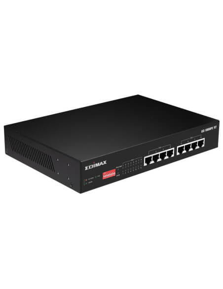Edimax 8-Port Gigabit PoE+ Switch with DIP Switch, showcasing its design and ports.
