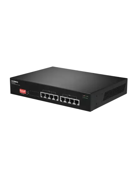 Edimax 8-Port Gb PoE+ Switch with multiple Ethernet ports for network connectivity.