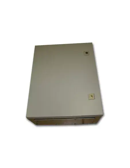 Metal IP55 weatherproof enclosure in beige color, dimensions 500x400x210mm, featuring surface mount and lockable doors.