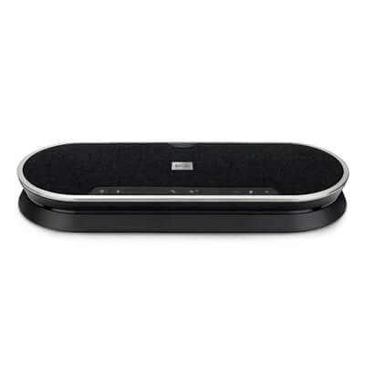EPOS EXPAND 80 BT Speakerphone in black and silver with USB adapter, power supply, USB cable, and Bluetooth dongle.