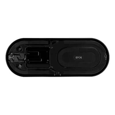 EPOS EXPAND 80 BT Speakerphone in black and silver with USB adapter, power supply, USB cable, and Bluetooth dongle.
