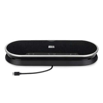 EPOS EXPAND 80 BT Speakerphone in black and silver with USB adapter, power supply, USB cable, and Bluetooth dongle.