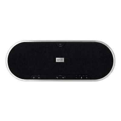 EPOS EXPAND 80 BT Speakerphone in black and silver with USB adapter, power supply, USB cable, and BT dongle.