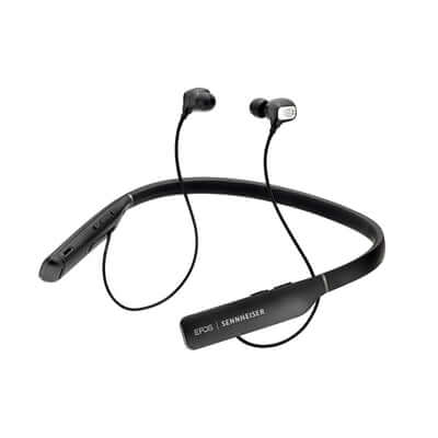 EPOS/Sennheiser ADAPT 460T Bluetooth ANC in-ear neckband headset in black, featuring a dongle and case.