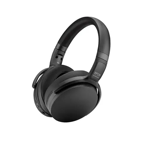 EPOS Adapt 360 BT ANC Stereo Headset in black, featuring dual-sided design, wireless Bluetooth connectivity, foldable structure, and includes a dongle and case.
