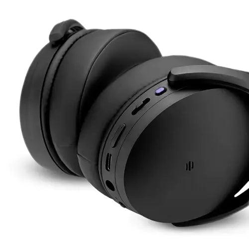 EPOS Adapt 360 BT ANC Stereo Headset in black, showcasing its dual-sided design, wireless connectivity, and foldable feature, complete with a dongle and case.