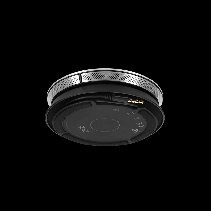 EPOS EXPAND SP 20 Portable Speakerphone in black and silver, showcasing USB and 3.5mm jack connectivity options.