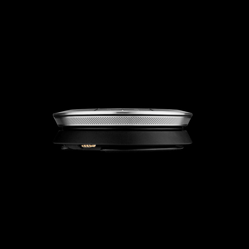 EPOS EXPAND SP 20 Portable Speakerphone in black and silver, showcasing USB and 3.5mm jack connectivity options.