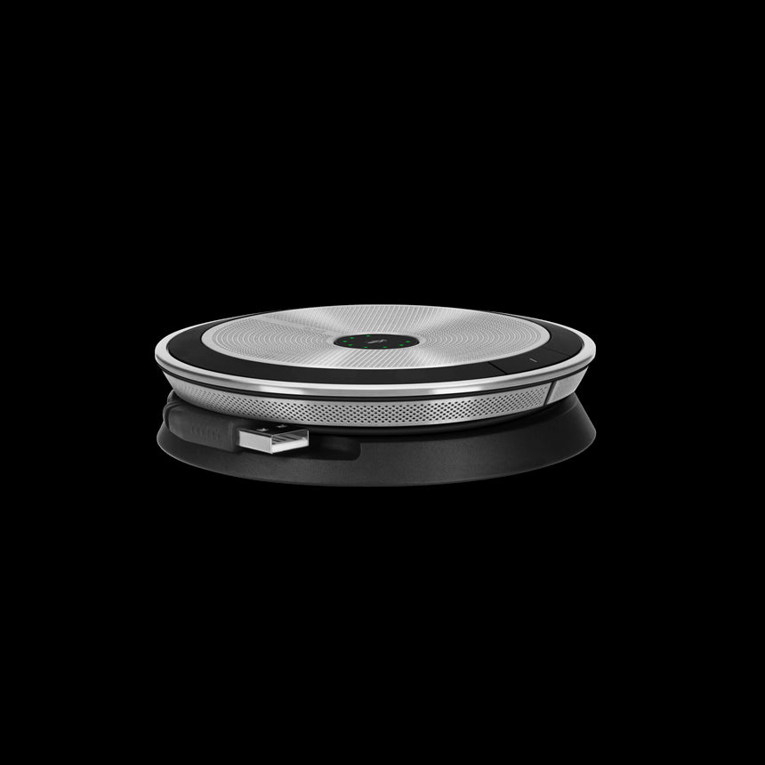 EPOS EXPAND SP 20 Portable Speakerphone in black and silver color, showcasing a 3D front view with USB and 3.5mm jack connectivity options.