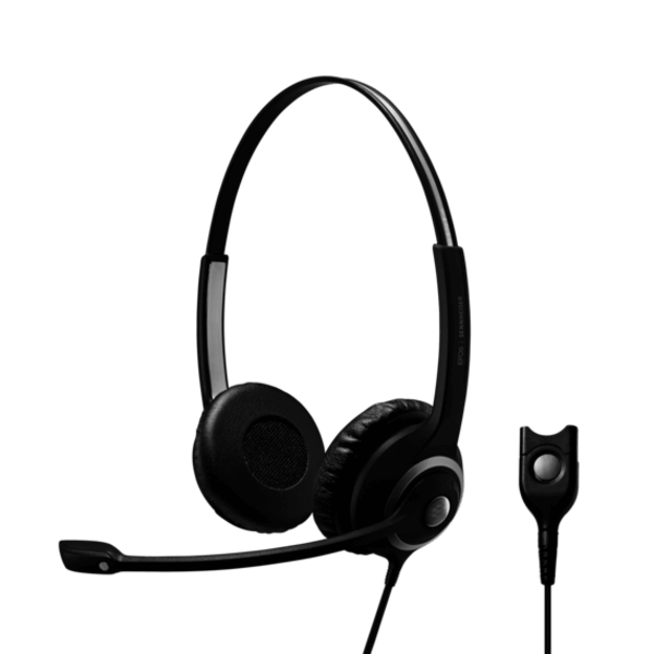 EPOS IMPACT SC 260 Binaural Headset in black with a clip-on headband and 1 meter cable, featuring an easy disconnect option.