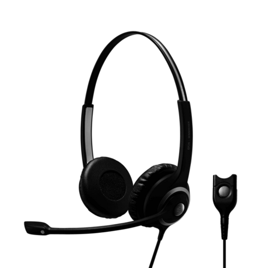 EPOS IMPACT SC 260 Binaural Headset in black with a clip-on headband and 1 meter cable, featuring an easy disconnect option.