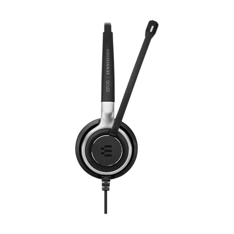 EPOS IMPACT SC 660 Binaural Office Headset in black and silver color with a 1m cable and easy disconnect feature, side view.