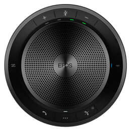 EPOS EXPAND 40+ BT Portable Speakerphone in black, featuring a USB adapter, USB cable, and Bluetooth dongle.