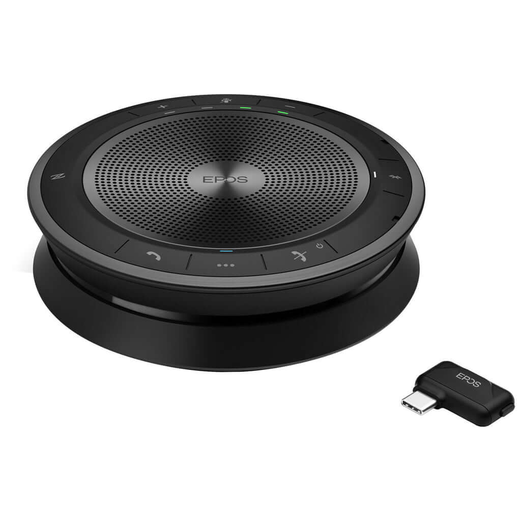 EPOS EXPAND 40+ BT Portable Speakerphone in black with USB adapter, USB cable, and Bluetooth dongle.