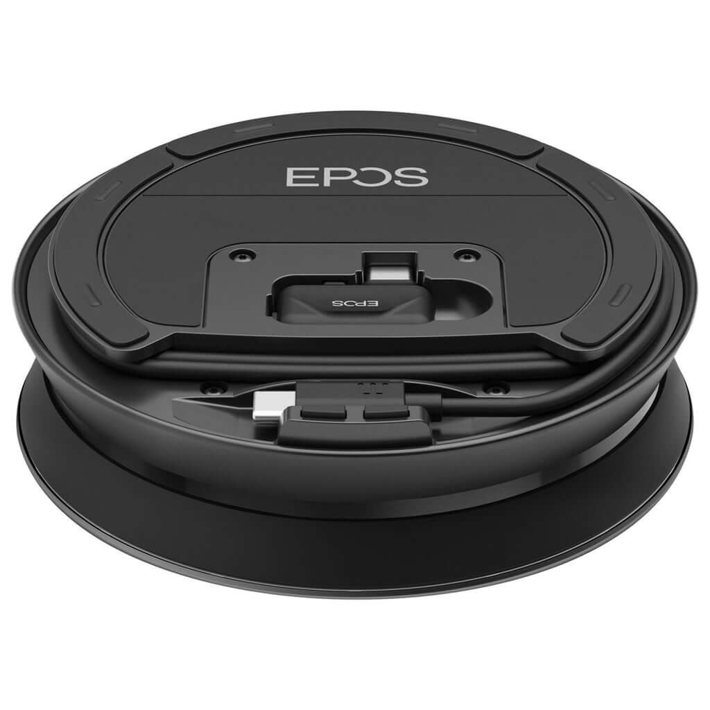 EPOS EXPAND 40+ BT Portable Speakerphone in black with USB adapter, USB cable, and Bluetooth dongle.