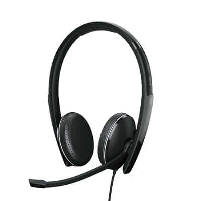 EPOS/Sennheiser ADAPT 165T USB II Binaural Office Headset in black with a 2.3m cable and 3.5mm jack plug.