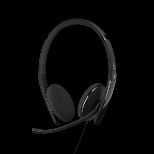 EPOS/Sennheiser ADAPT 160 USB II Binaural Office Headset with a 1.7m USB cable and remote call control, displayed in a 3D view.