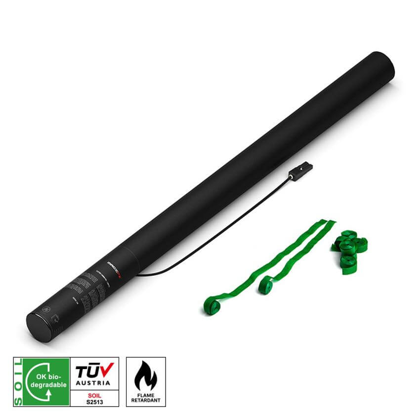 MAGICFX Electric Cannon Pro showcasing dark green streamers, measuring 80 cm with a range of 20 m.