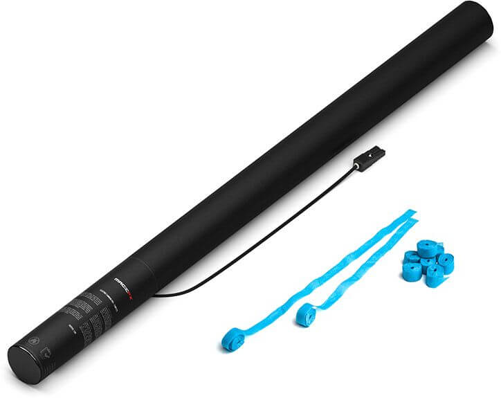 MAGICFX Electric Cannon PRO in light blue color, designed for shooting streamers, measuring 80 cm.
