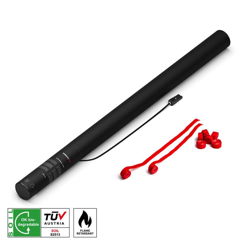 MAGICFX Electric Cannon PRO in red, featuring 80 cm streamers that are flame retardant and biodegradable.