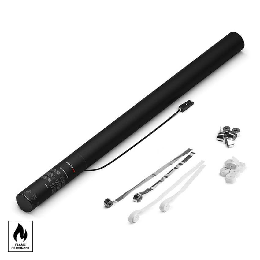 MAGICFX Electric Streamer Cannon Pro with white and silver metallic streamers, measuring 80 cm, displayed against a neutral background.