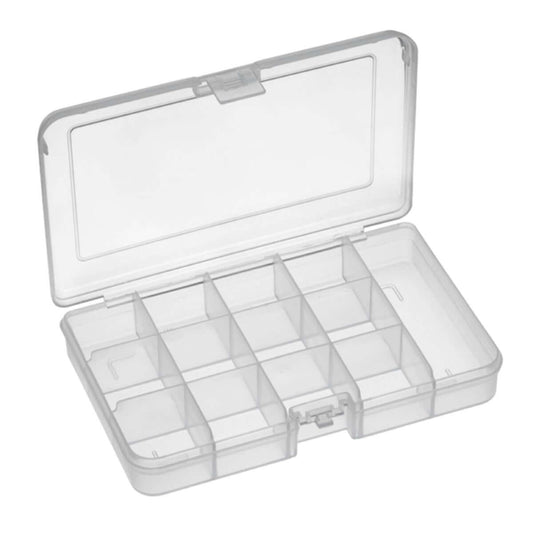 Transparent polypropylene organiser box with 13 compartments, ideal for storage and organisation.